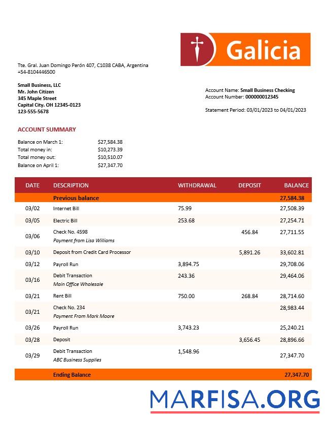 Blank Banco Galicia company account statement Word and PDF template